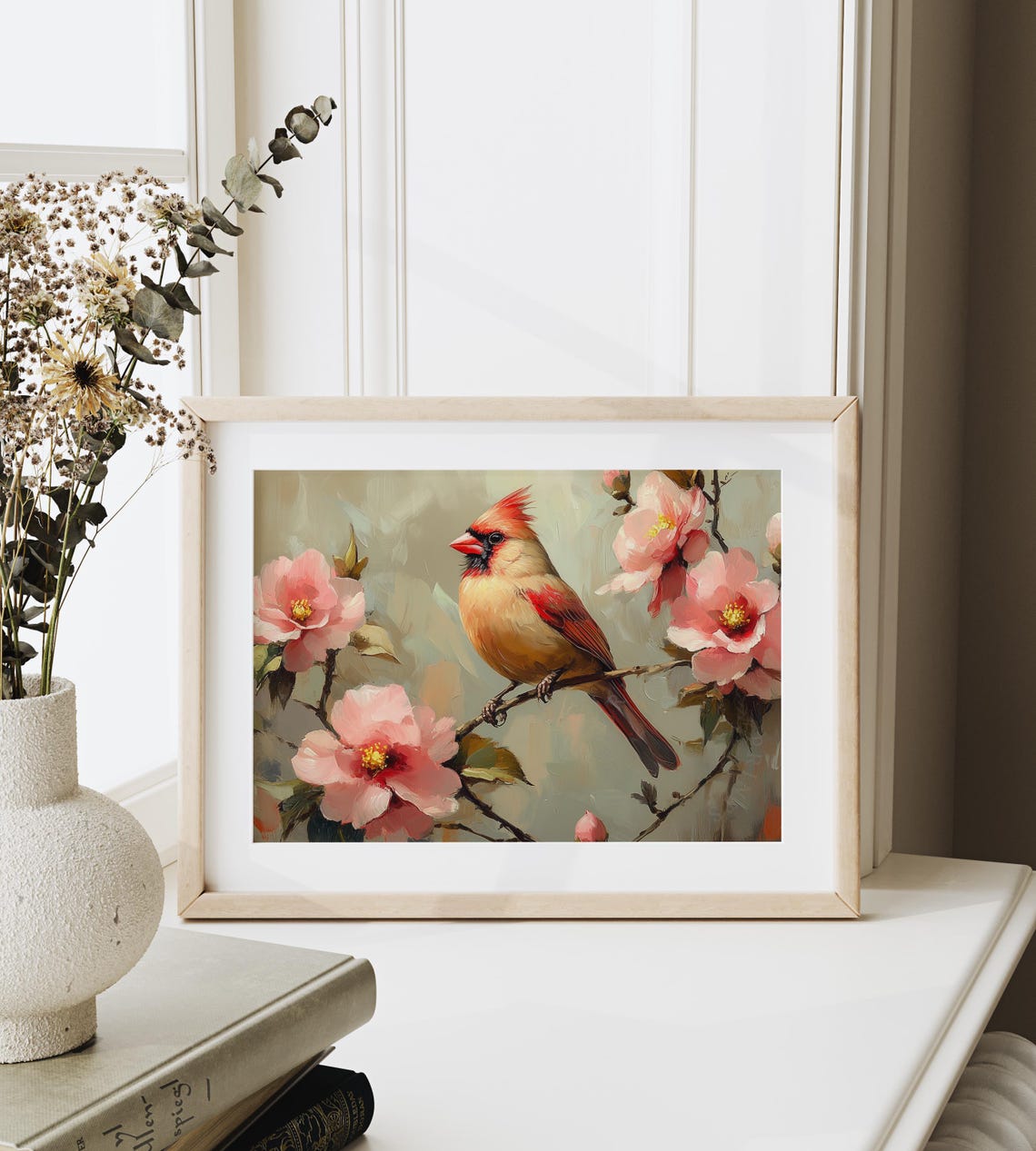 Cardinal With Warm Red Tones Among Pink Camellia Blooms Poster - Image 4