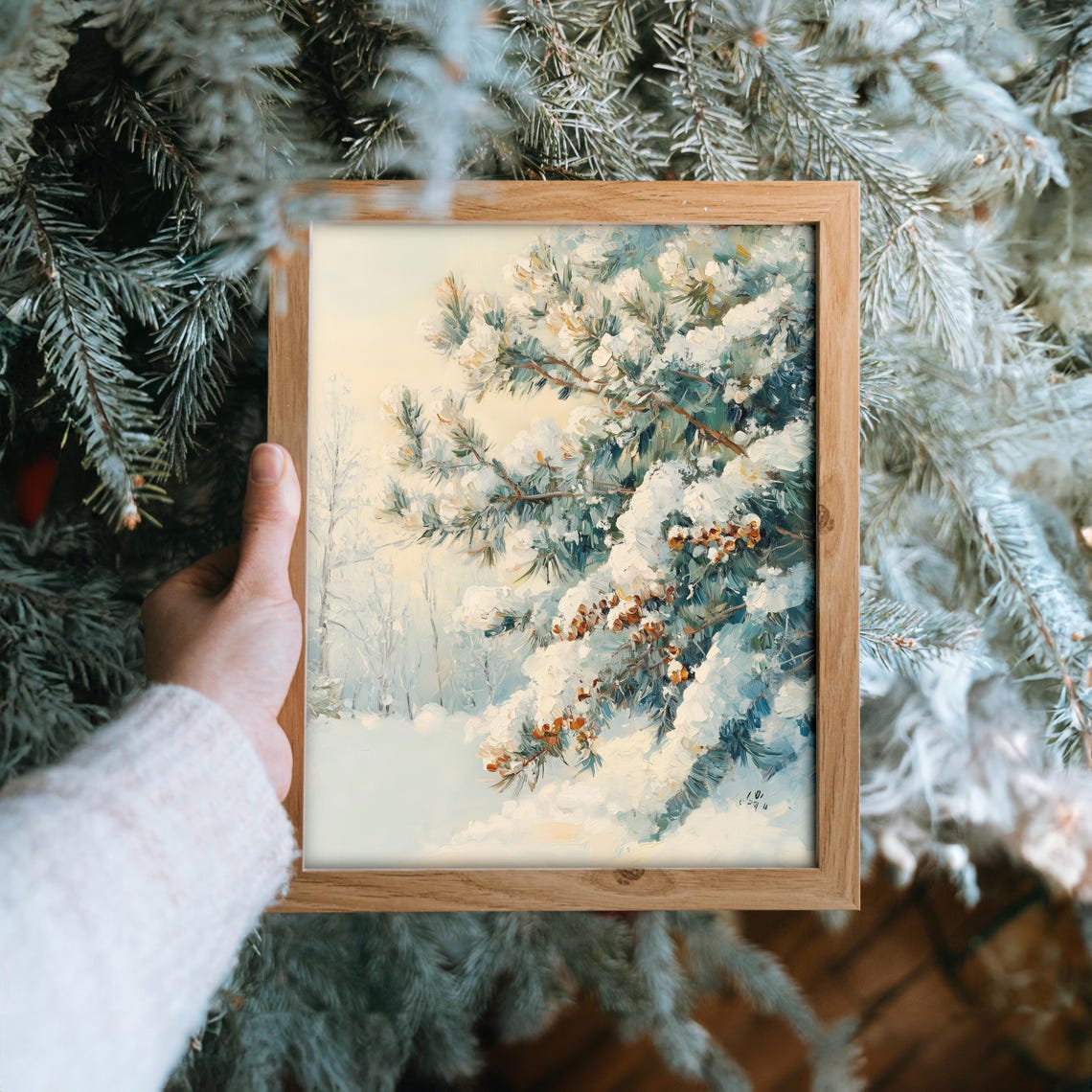 Snowy Pine Branch With Orange Berries In Winter Forest Poster - Image 6
