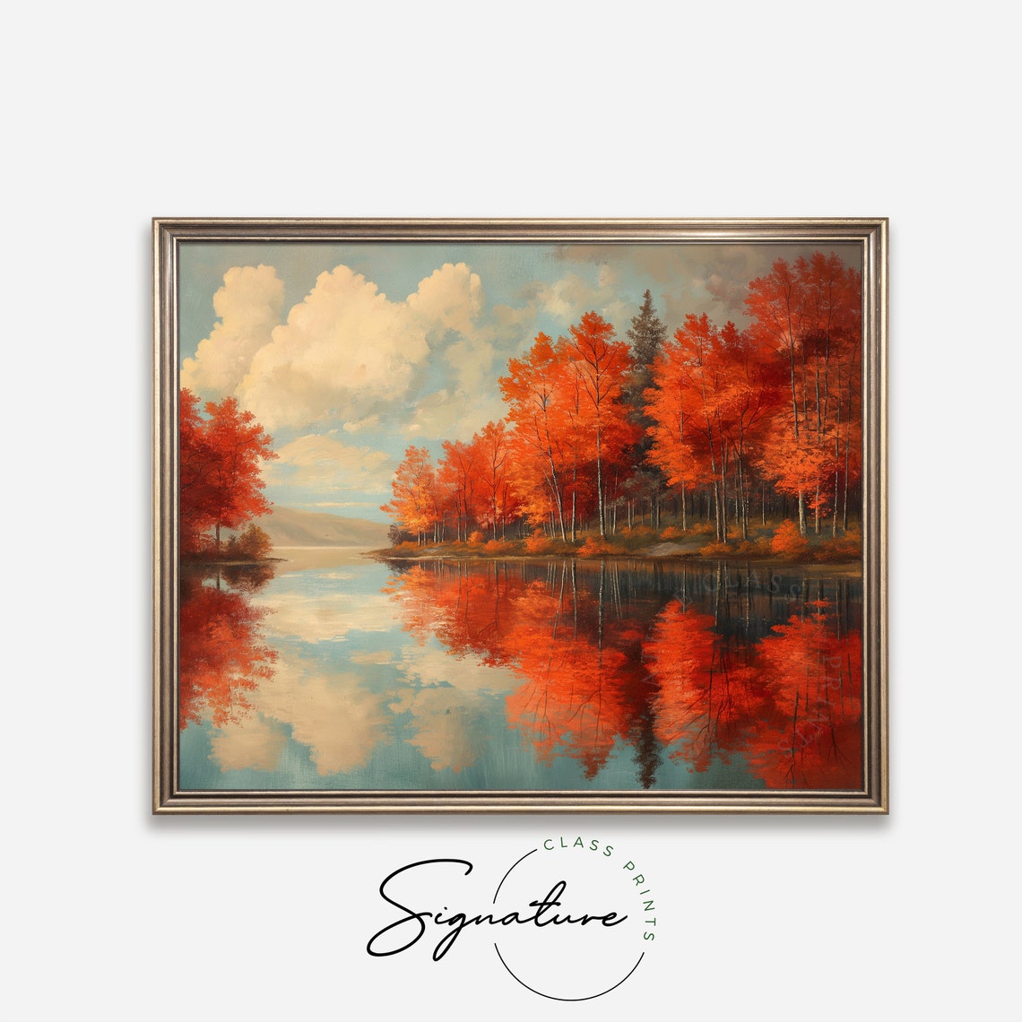 Vivid Orange Maple Trees Mirrored In Still Lake Clouds Poster - Image 4
