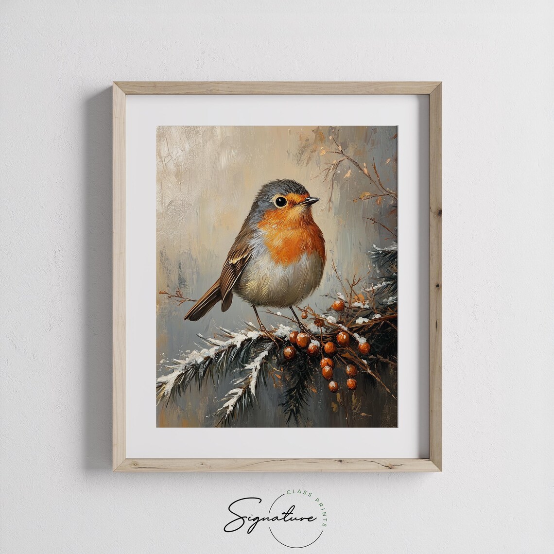 European Robin on Snowy Branch with Berries Winter Oil Painting Print - Image 2