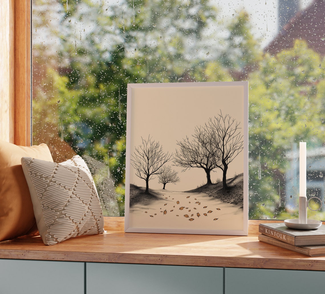 Autumn Orchard With Scattered Orange Leaves Monochrome Sketch Poster - Image 2