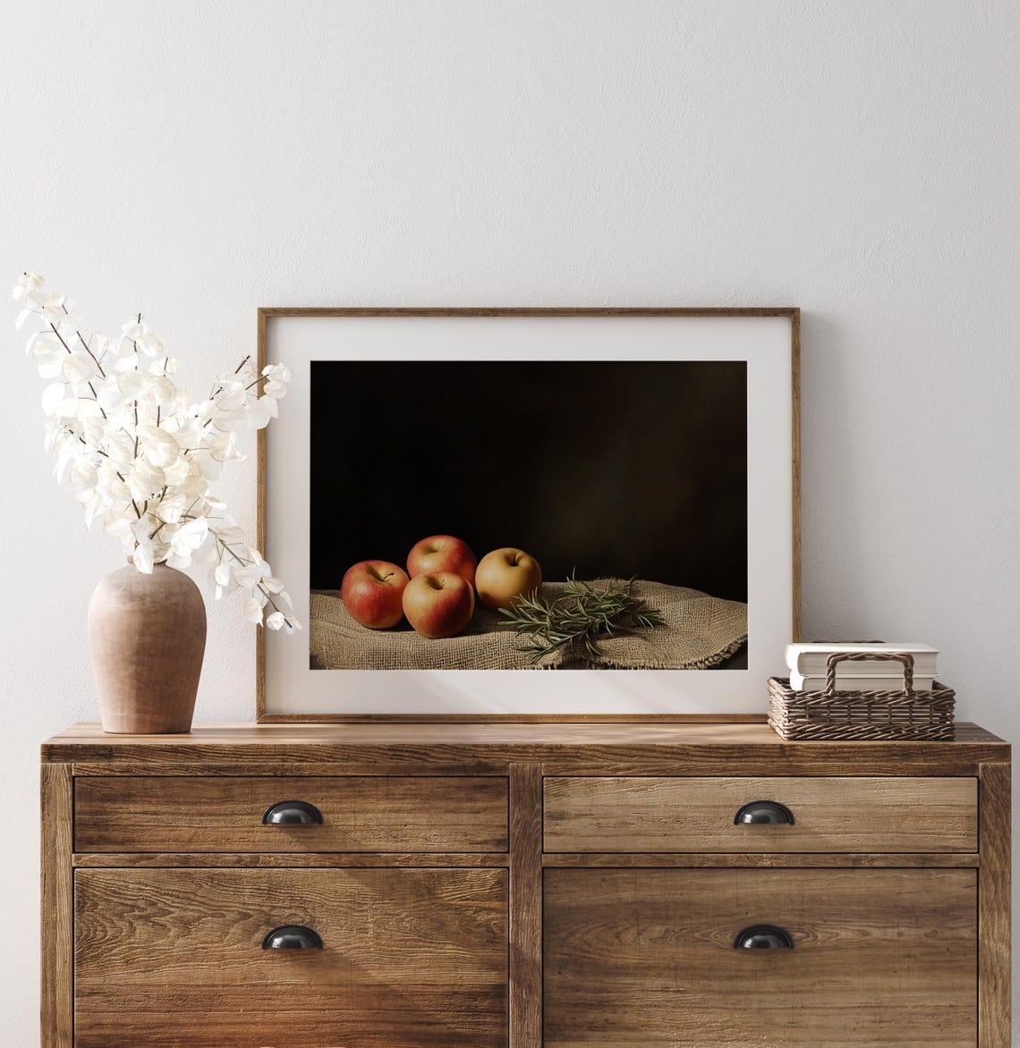 Rustic Apples Rosemary Still Life Painting Burlap Moody Kitchen Poster - Image 3