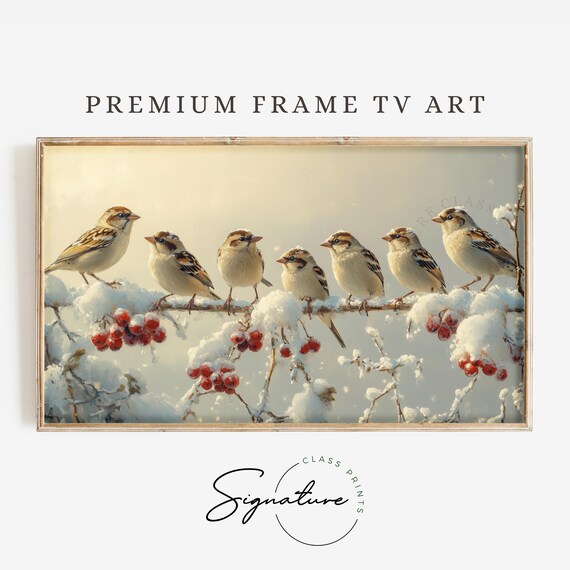 Joyful Seven Sparrows On Snowy Berry Branch Winter TV Art Poster