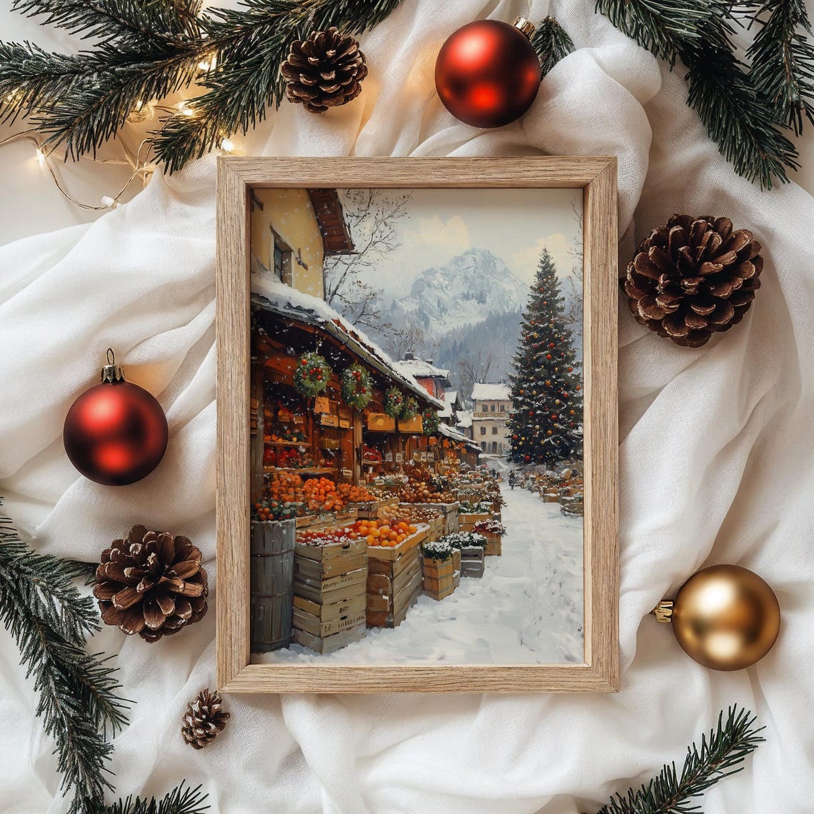 Snowy Christmas Market with Orange Crates in Town Square Poster - Image 4