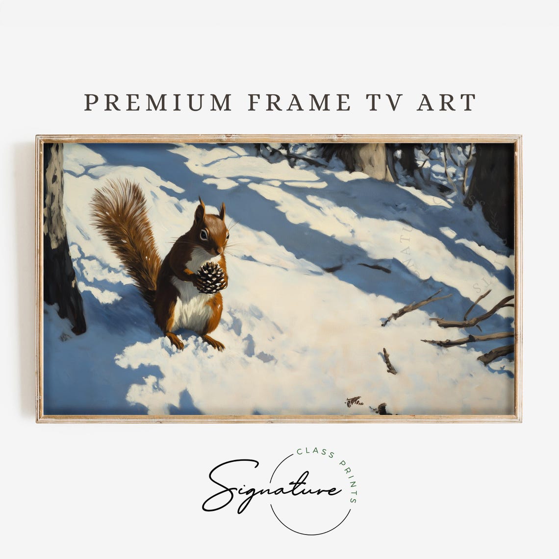 Red Squirrel With Pinecone in Snowy Winter Forest Painting Poster