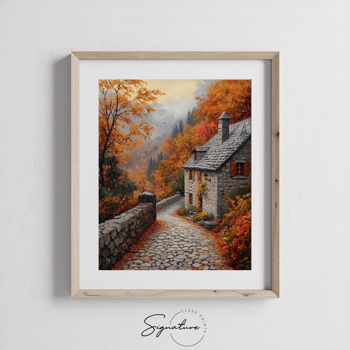 Stone Cottage Autumn Lane Cobblestone Misty Hills Slate Roof Poster - Image 3