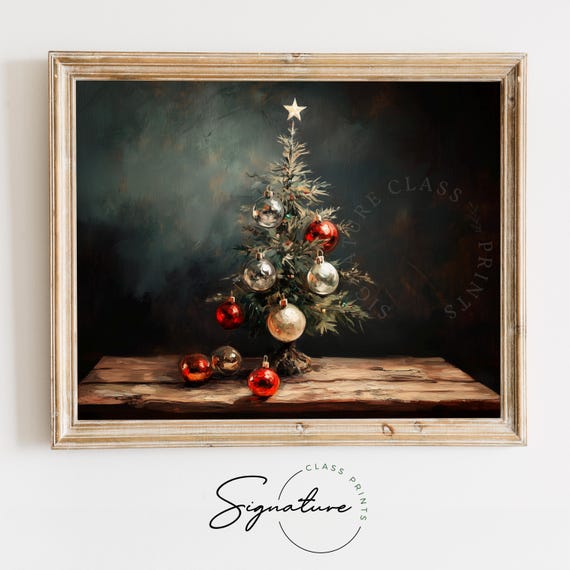 Christmas Tree With Vintage Ornaments Art Rustic Farmhouse Holiday Decor Warm Colors Festive Moody Scene Cozy Seasonal Painting 2784