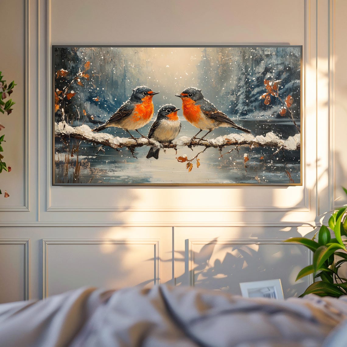 Robin Trio On Snowy Branch Over Winter Water Falling Snow Art Poster - Image 4