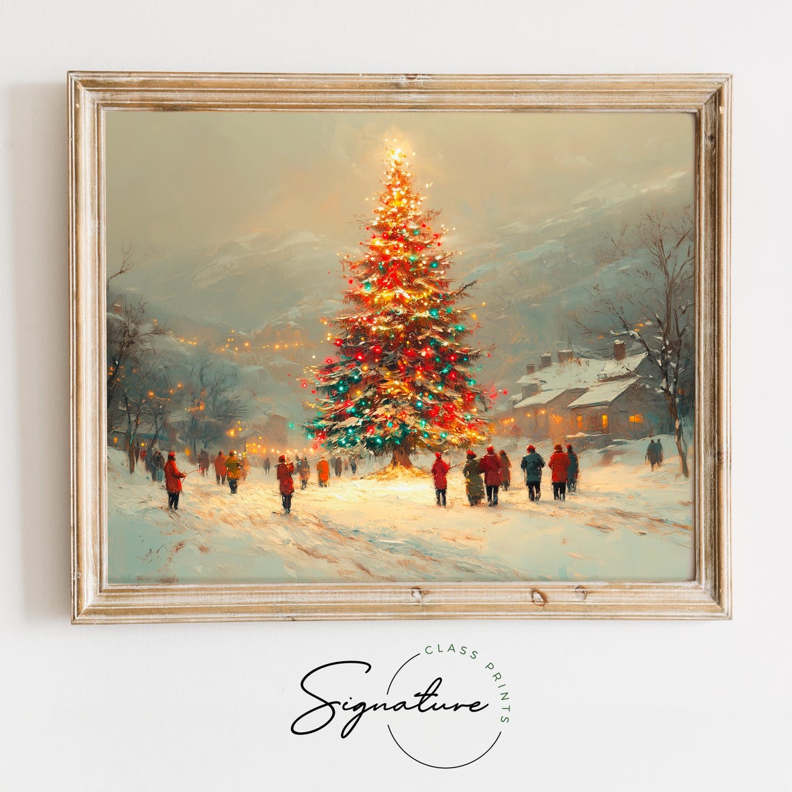 Villagers Gathering Around Glowing Christmas Tree At Dusk Poster