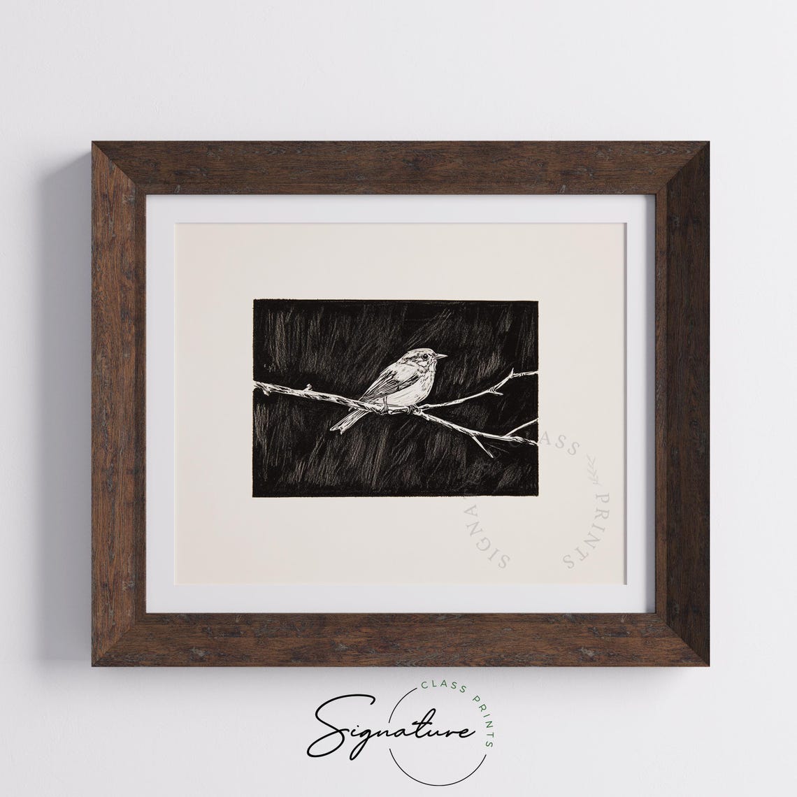 White Songbird On Branch Black Background Scratchboard Style Poster - Image 5