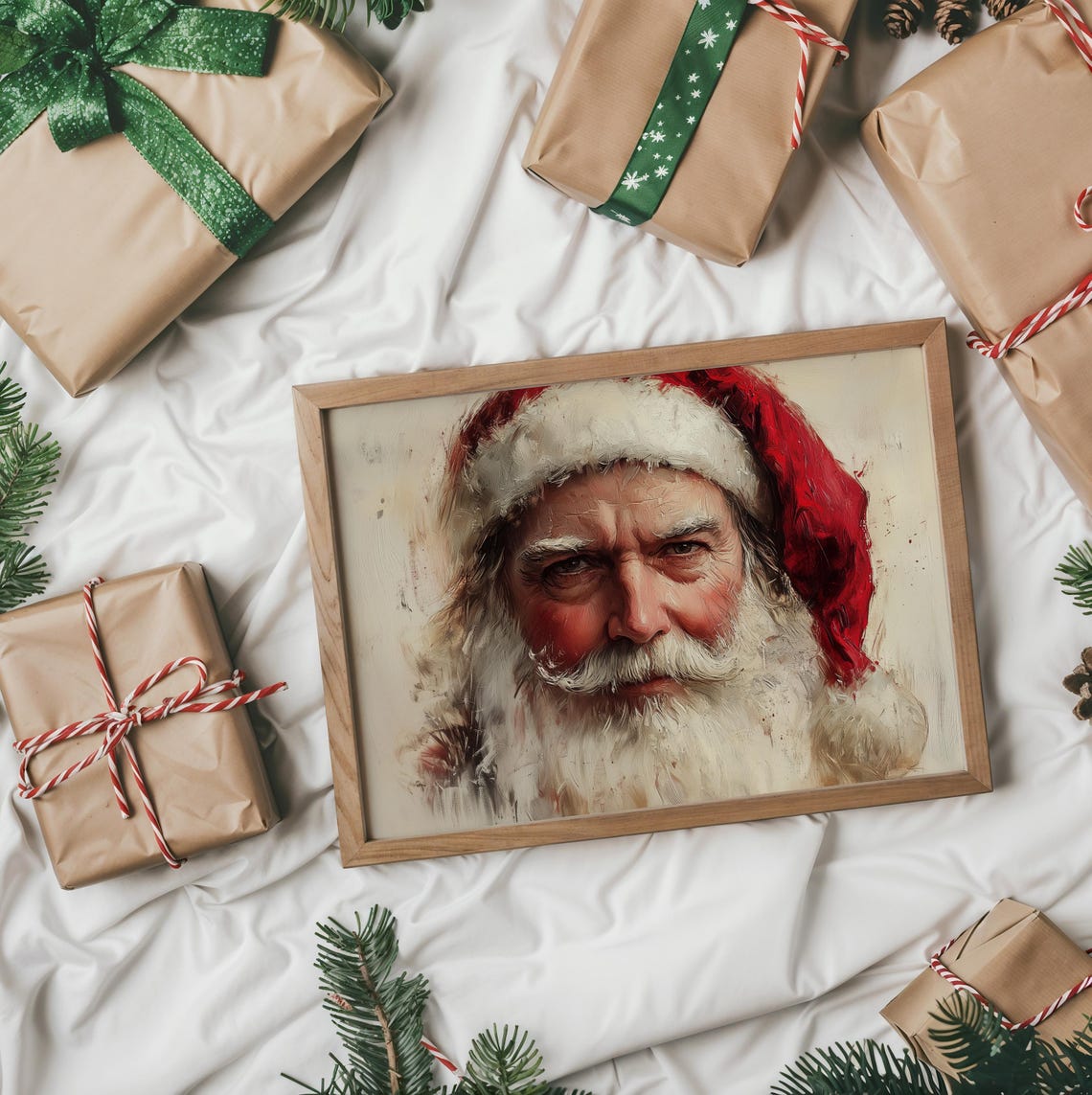 Santa Claus Close Up Face Portrait Red Hat Oil Painting Poster - Image 2