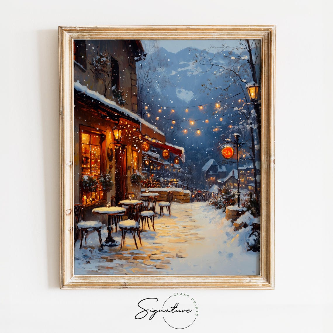 Cobblestone Village Square In Winter With Cafe Lights Poster