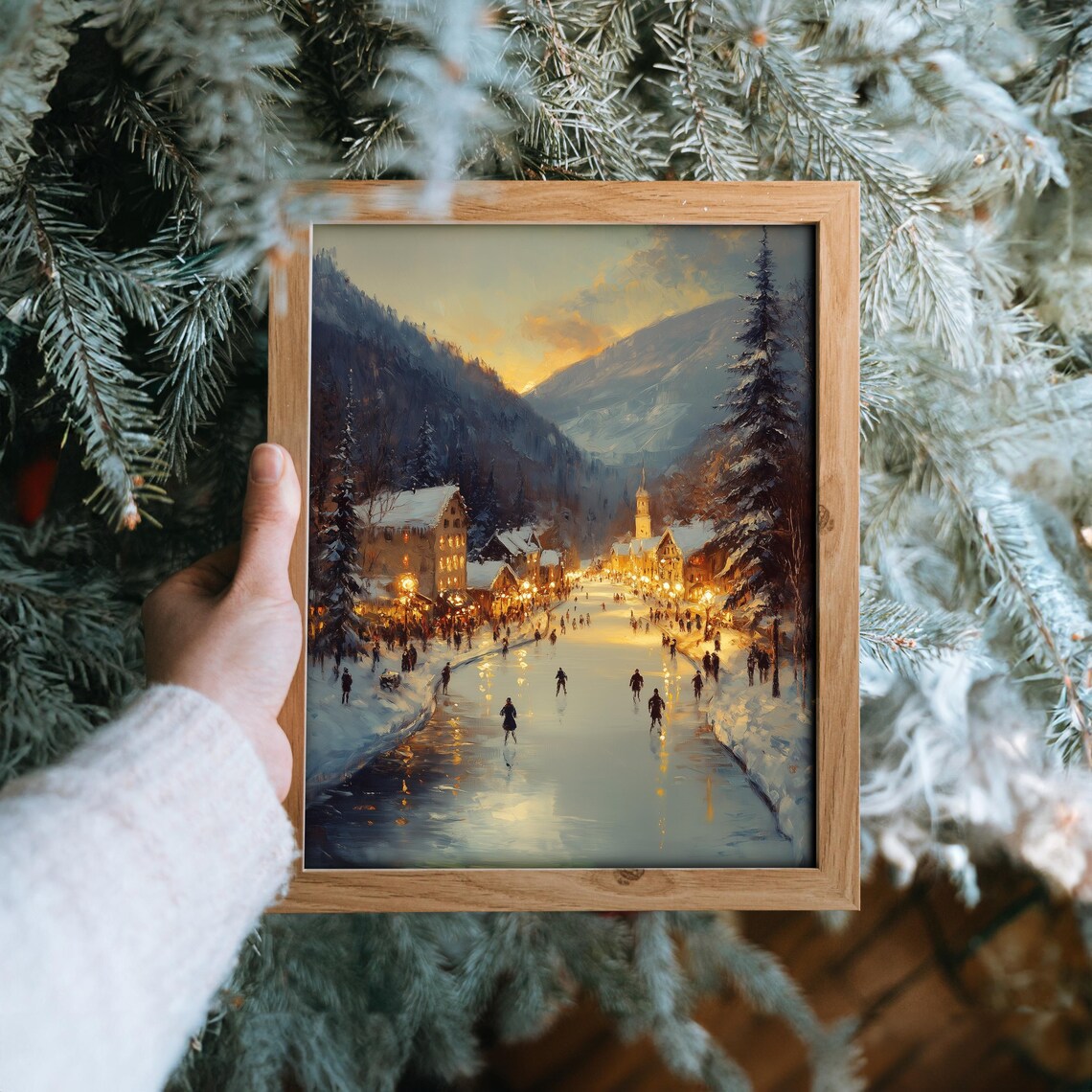 Sunset Ice Skaters on Frozen River in Alpine Village Glow Poster - Image 6