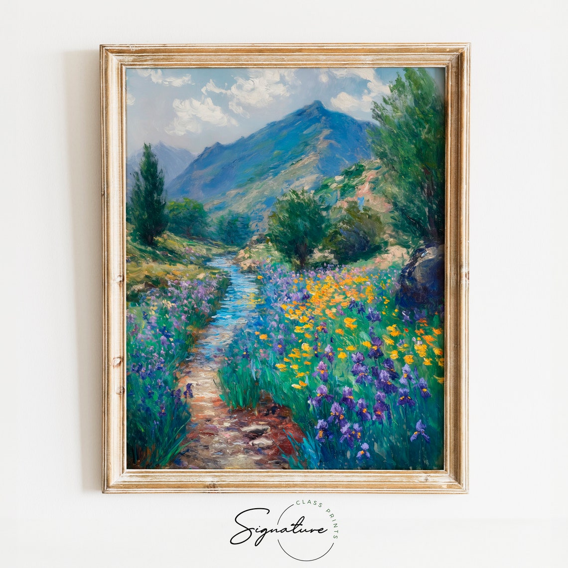 Purple Iris Field Winding Stream Blue Alpine Mountain Poster
