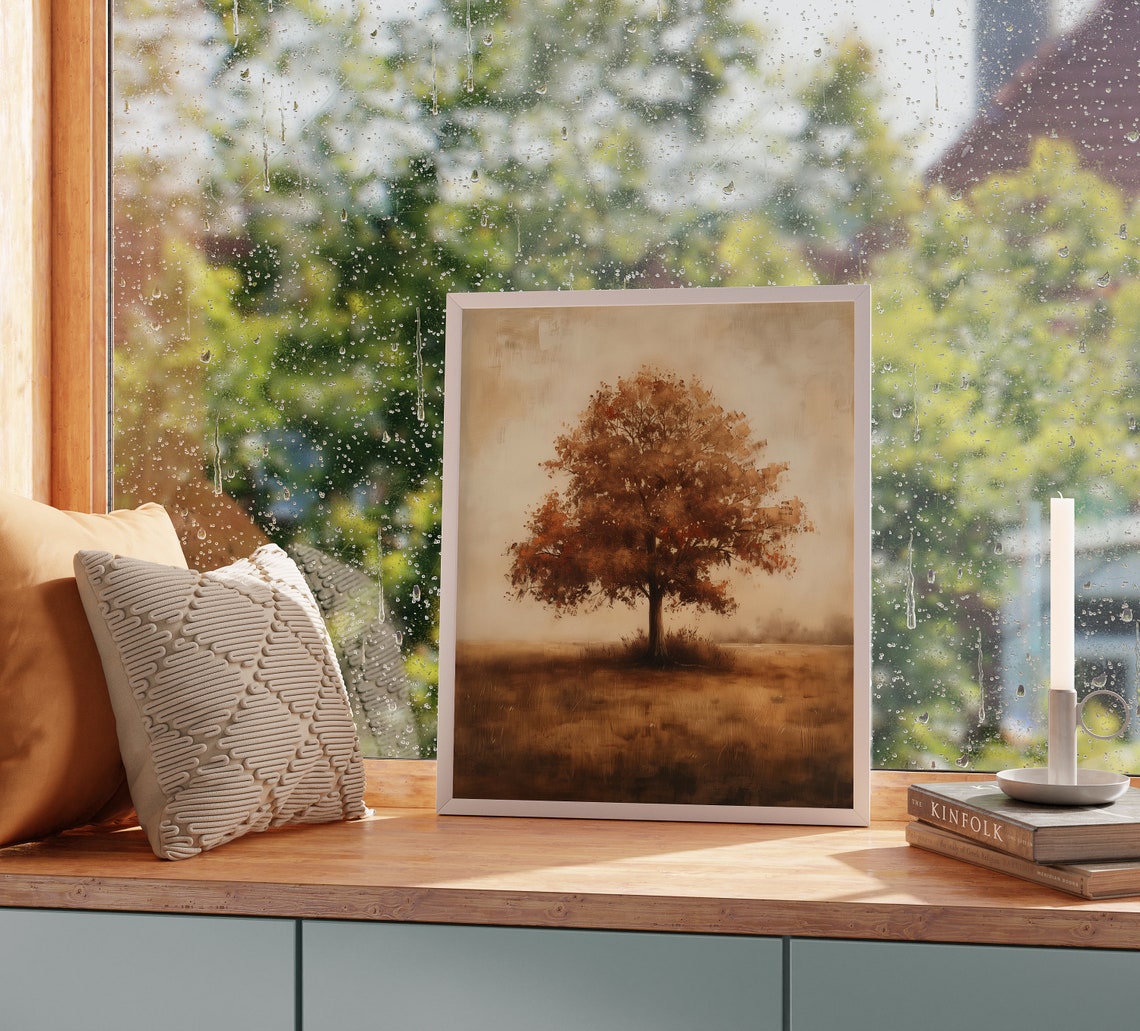 Solitary Autumn Tree Golden Field Minimalist Warm Tones Vintage Poster - Image 2