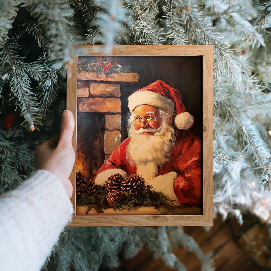 Santa Claus Resting by a Brick Fireplace With Pinecone Garland Poster - Image 6
