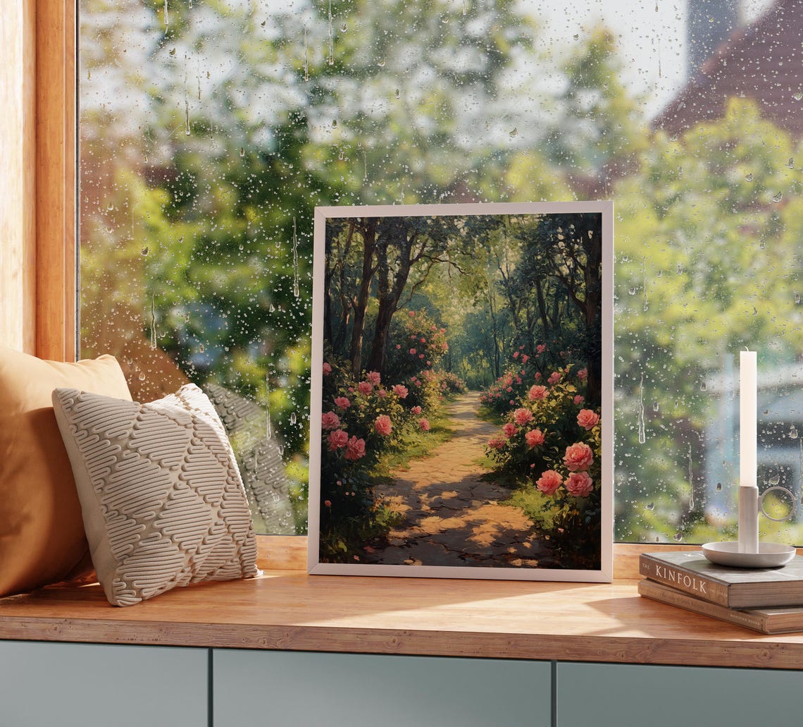 Sunlit Forest Path Lined With Blooming Pink Roses Woodland Poster - Image 2