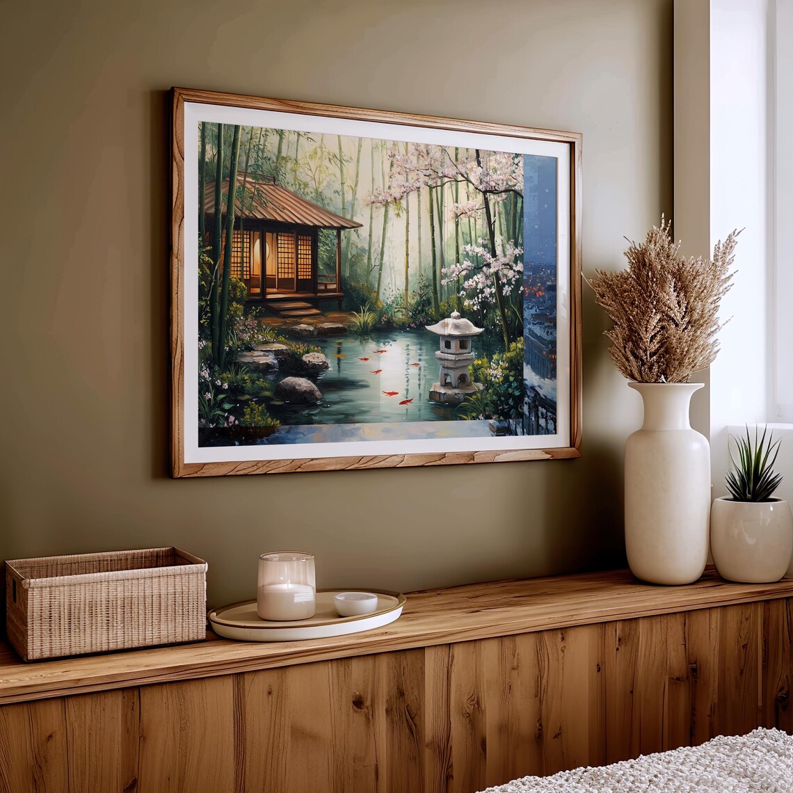 Japanese Tea House by Cherry Blossom Koi Pond Serene Garden Art Poster - Image 5