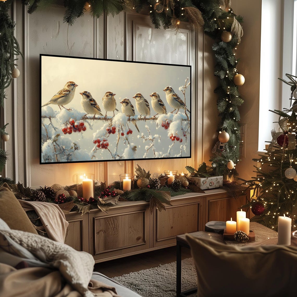Joyful Seven Sparrows On Snowy Berry Branch Winter TV Art Poster - Image 3