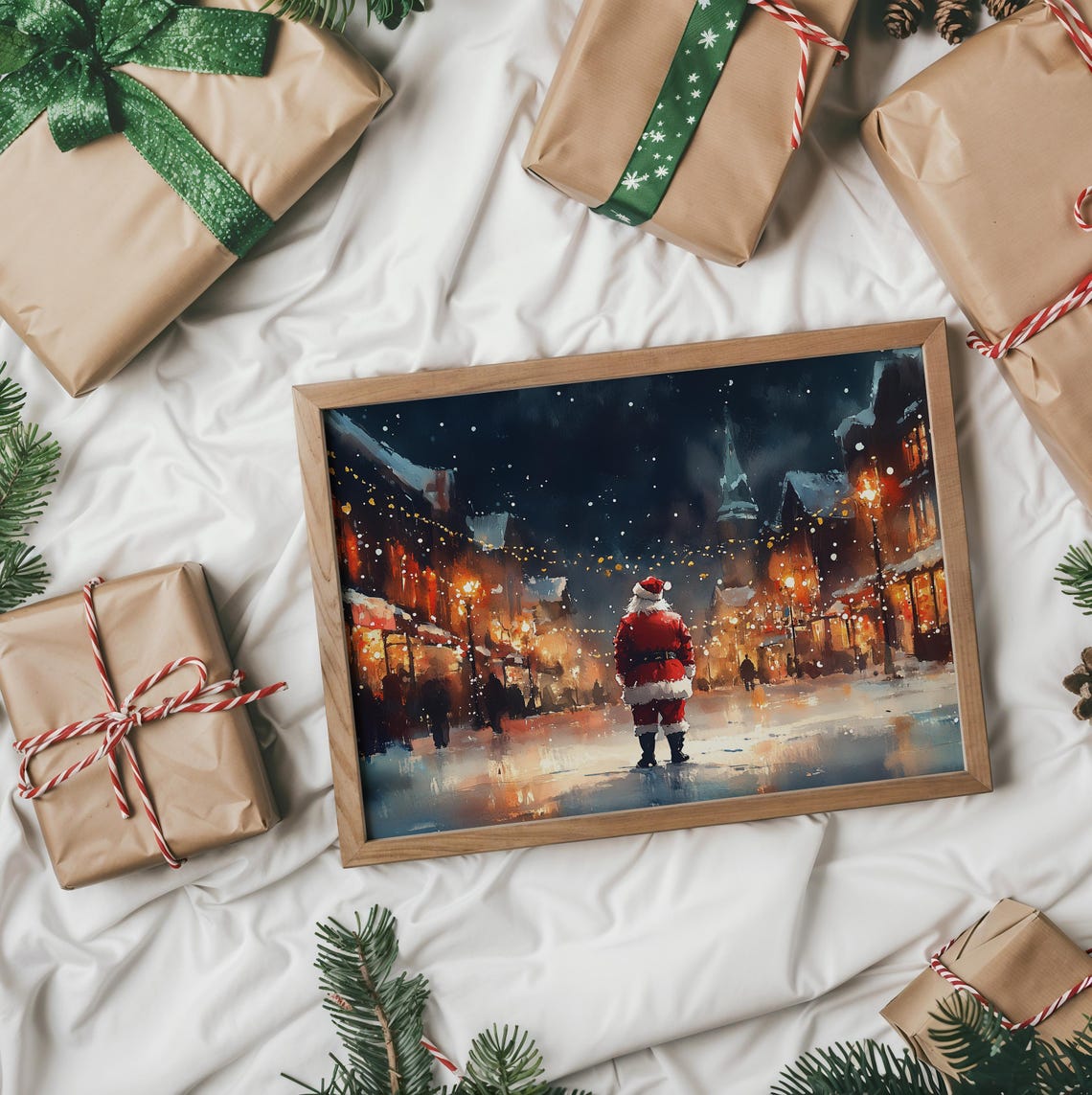 Santa Walking Down Festive Lit Street Night Church Steeple Poster - Image 2
