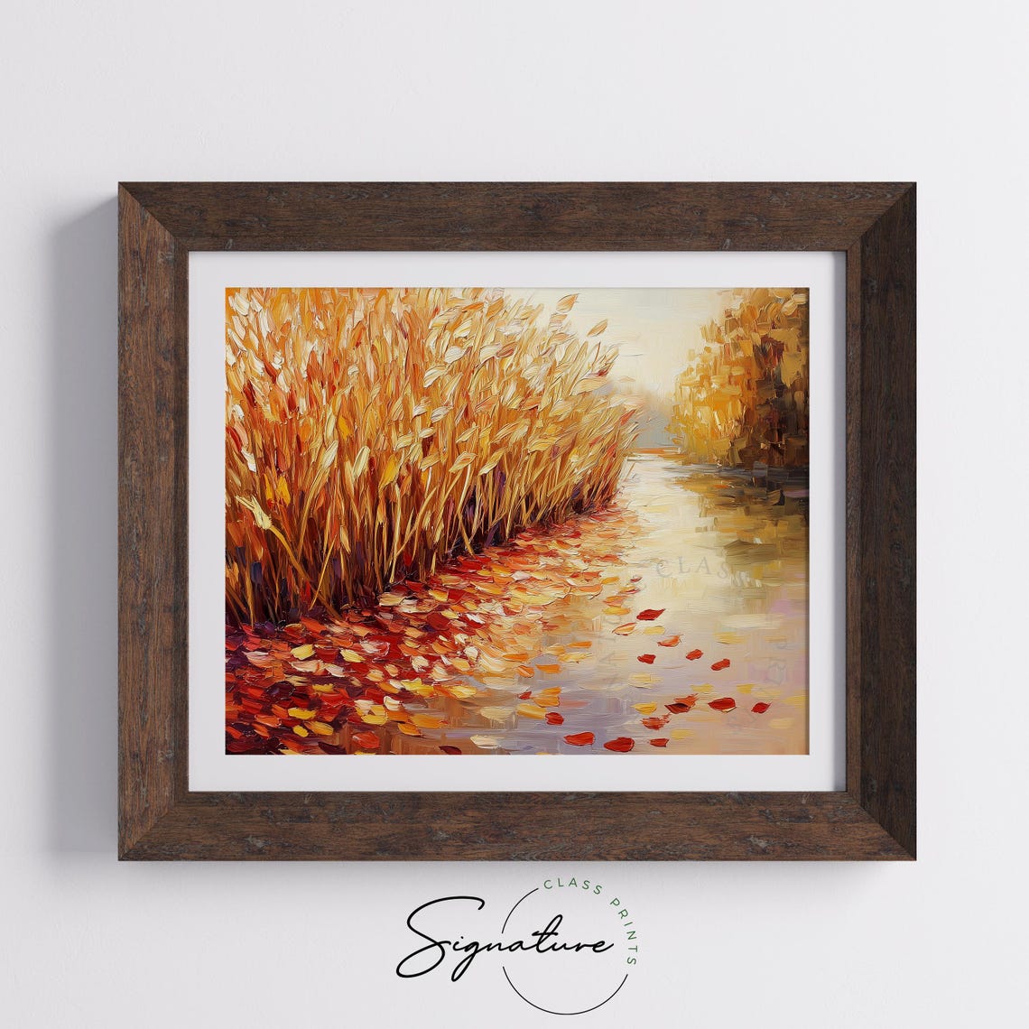 Impasto Golden Reeds With Floating Red Leaves On Calm Water Poster - Image 5