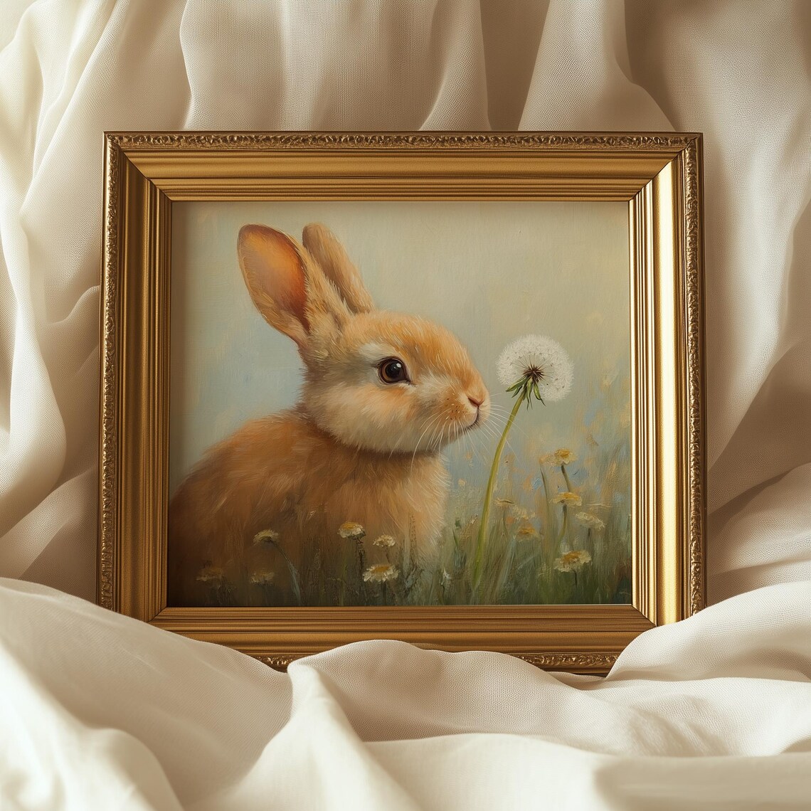 Baby Bunny Sniffing Dandelion Soft Meadow Spring Animal Art Poster - Image 5