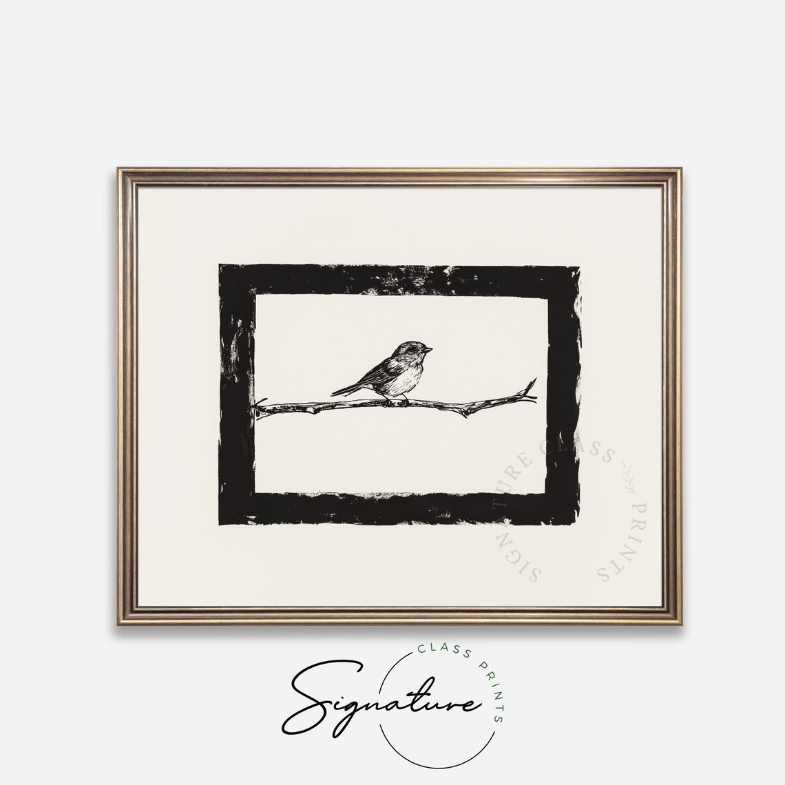 Black And White Songbird Sketch On Branch Rustic Nature Art Poster - Image 4