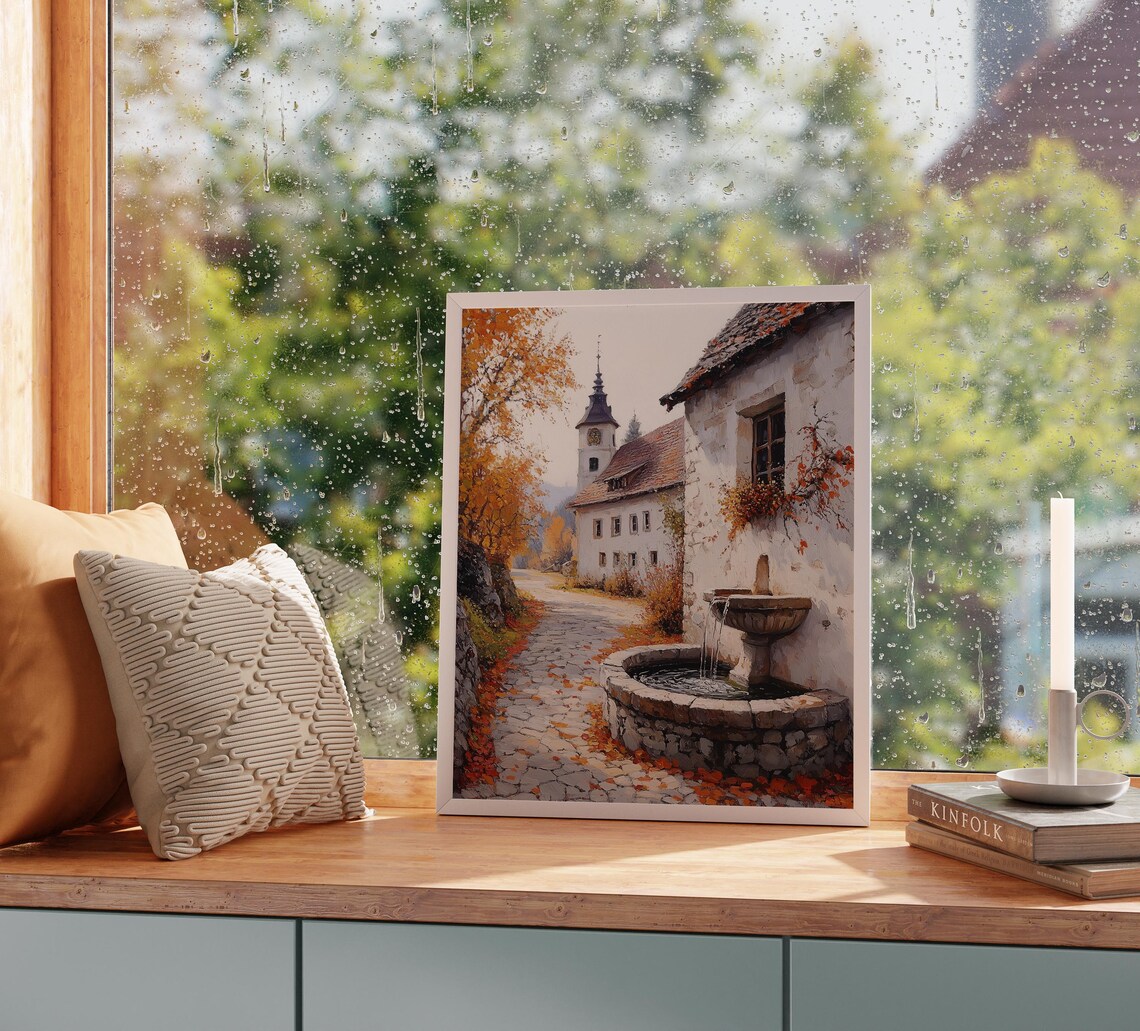 Old European Street With Stone Fountain and Clock Tower in Autumn Wall Art - Image 2