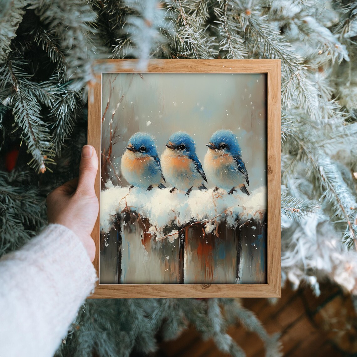 Three Baby Bluebirds On Snowy Fence Adorable Winter Bird Art Poster - Image 6