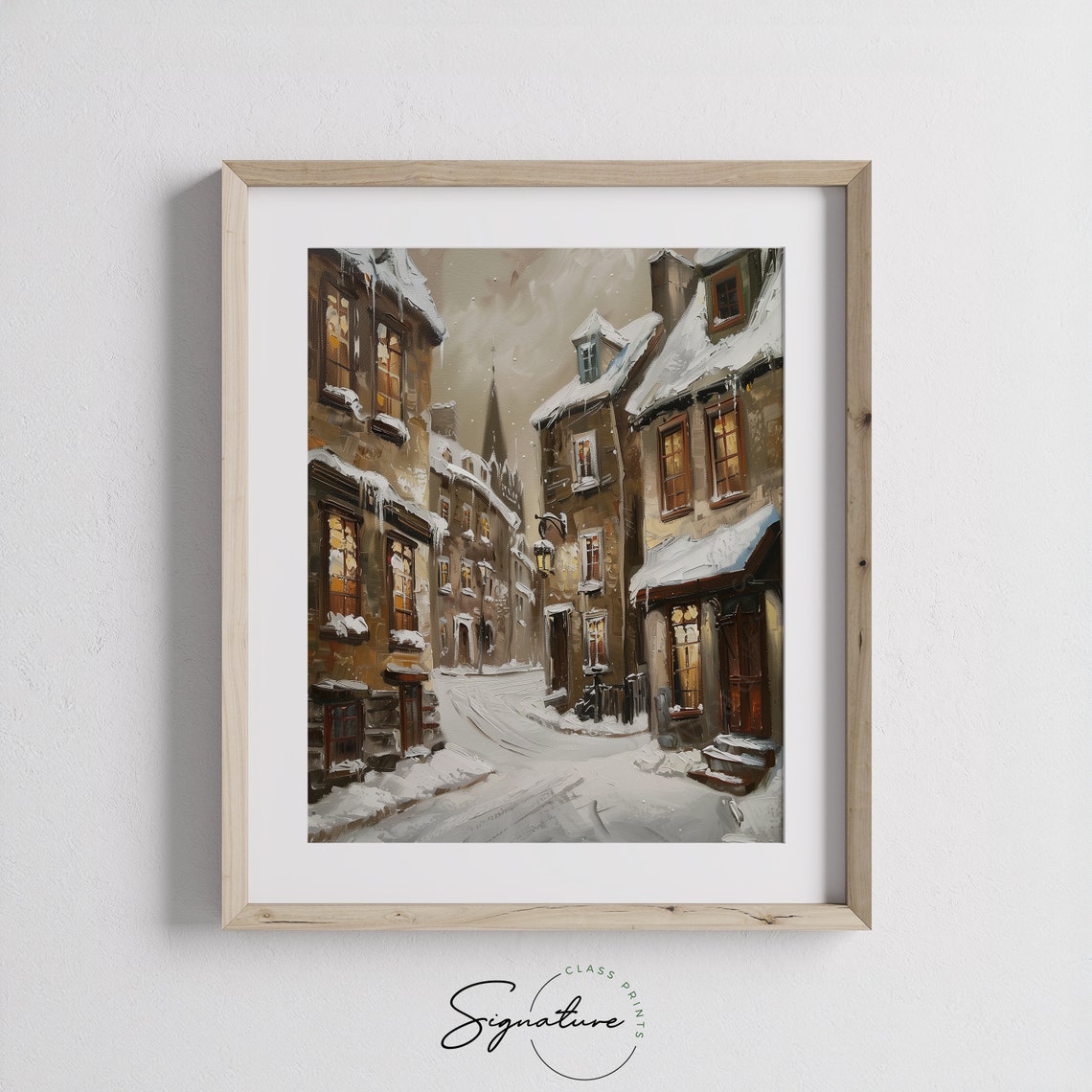 Snowy Old Town Street at Dusk with Warm Glowing Windows Poster - Image 3