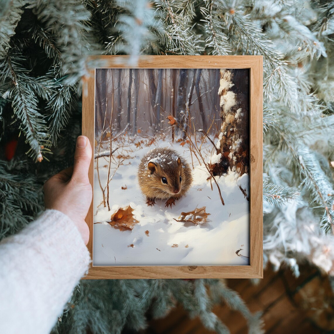 Cute Field Mouse Snowy Winter Forest Woodland Animal Oil Painting Poster - Image 6