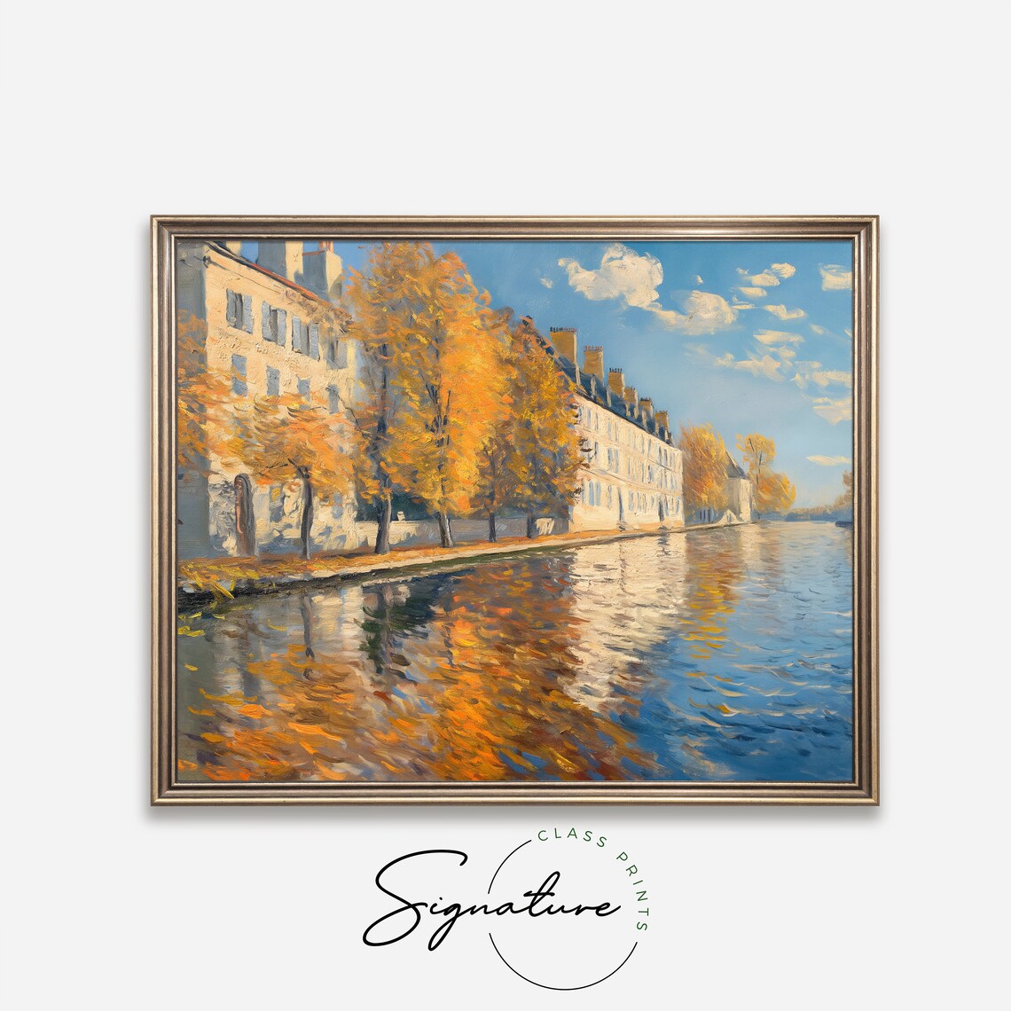 Autumn Riverside City With Fall Trees Reflective Blue Water Poster - Image 4