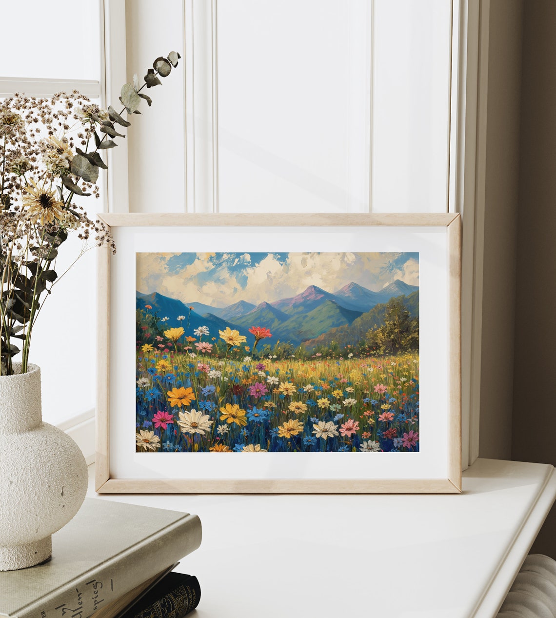 Daisy Meadow with Mountain Peaks Under Blue Sky Impressionist Poster - Image 6