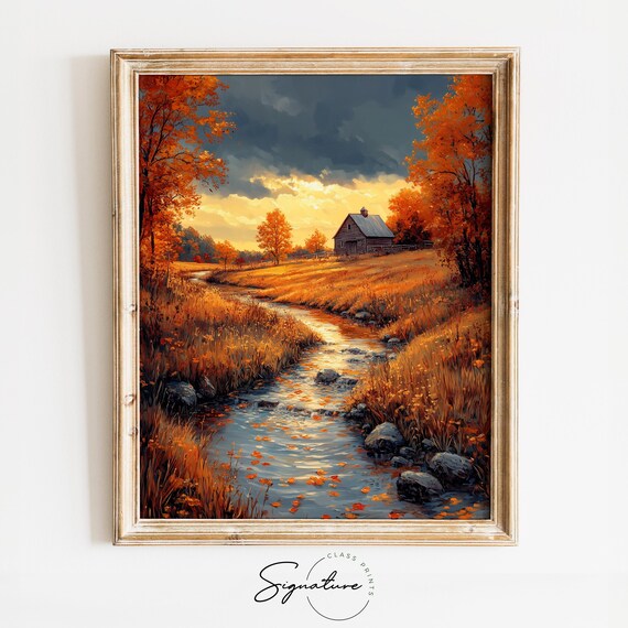 Stream Through Meadow Cabin Dramatic Sunset Autumn Painting Print