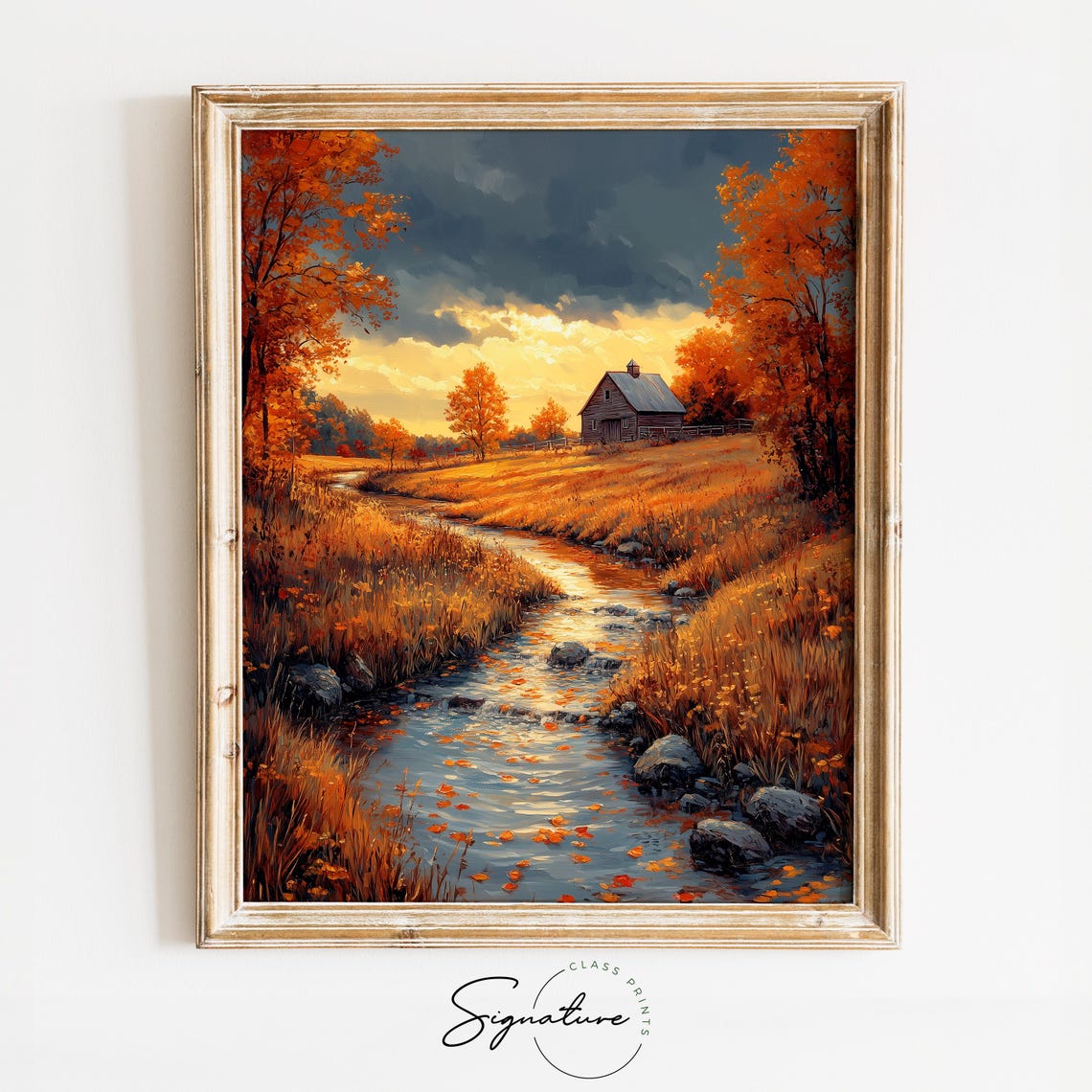 Stream Through Meadow Cabin Dramatic Sunset Autumn Painting Print