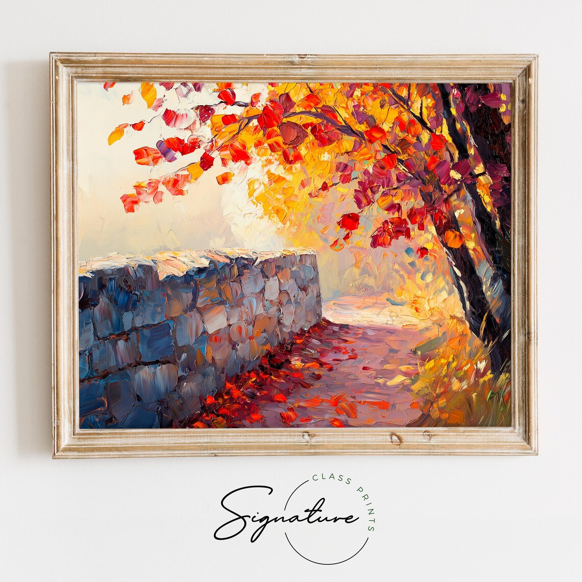 Autumn Stone Wall Painting Colorful Fall Foliage Impasto Landscape Poster