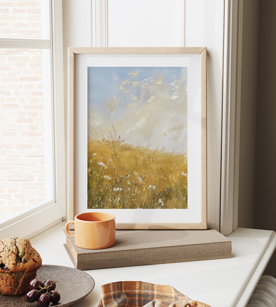 Golden Wheat Field with White Wildflowers Under Blue Sky Poster - Image 6