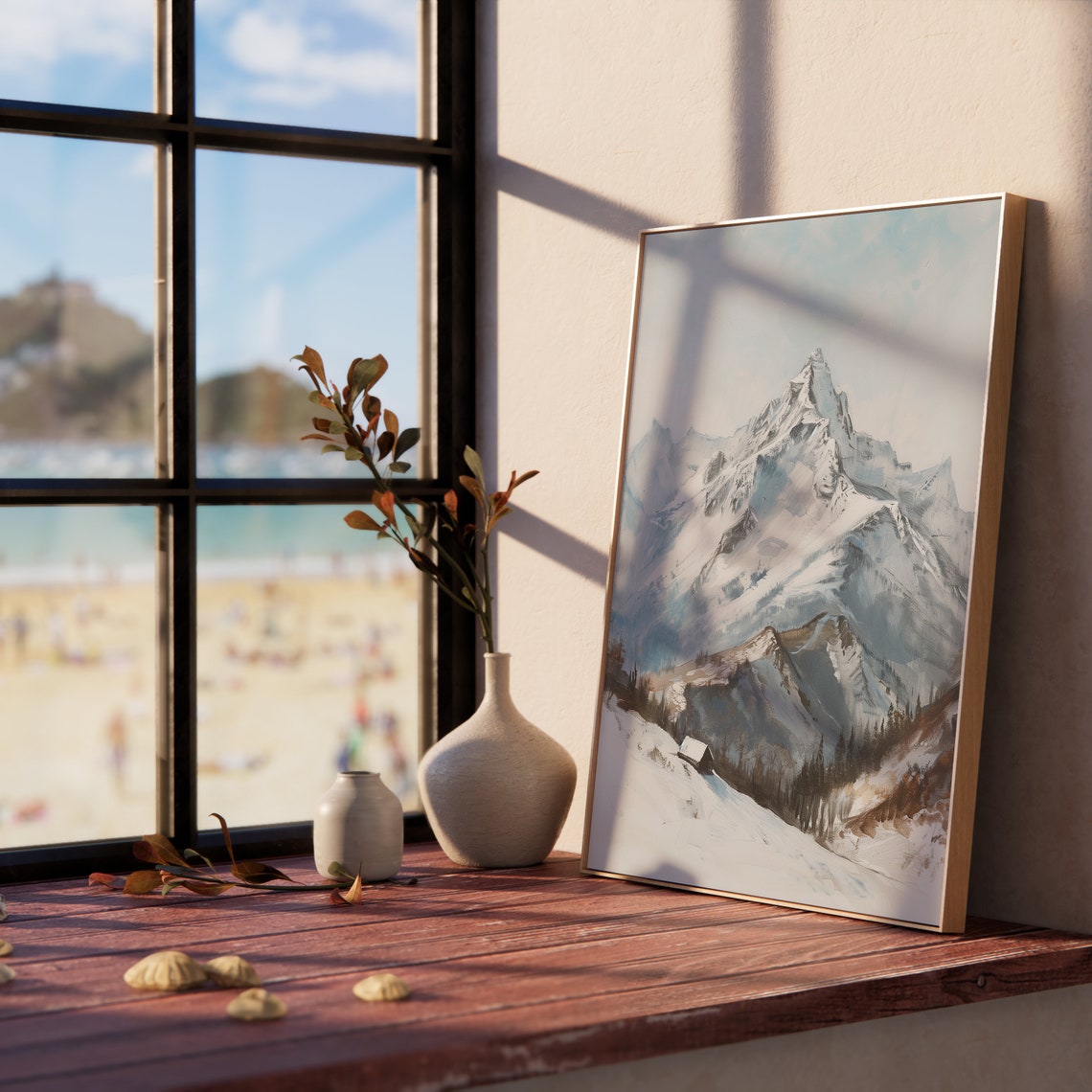 Snow Covered Mountain Peak Cabin Blue Winter Scenic Art Poster - Image 5