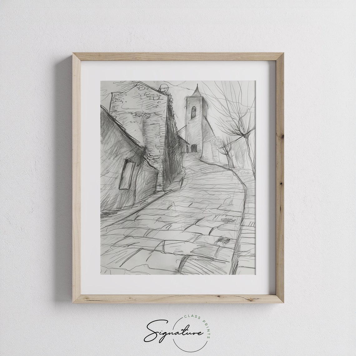 Cobblestone Path To Ancient Stone Church Vintage Sketch Poster - Image 3