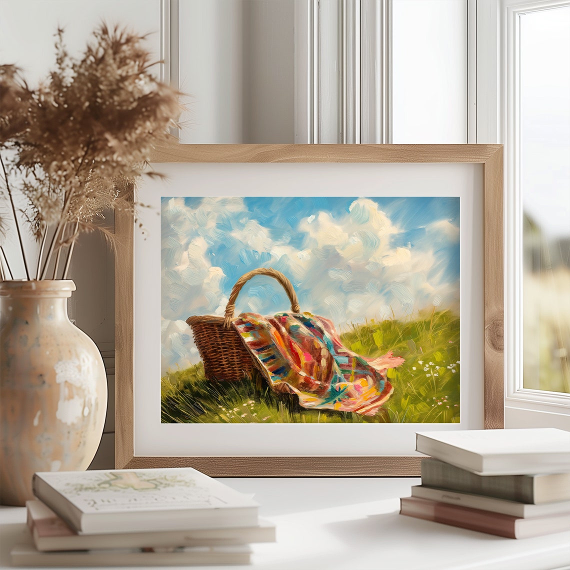 Picnic Basket With Colorful Blanket Sunny Hill Summer Poster - Image 2