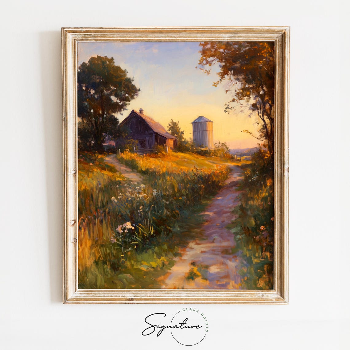 Cottage Farmhouse Silo Golden Hour Meadow Country Scene Poster