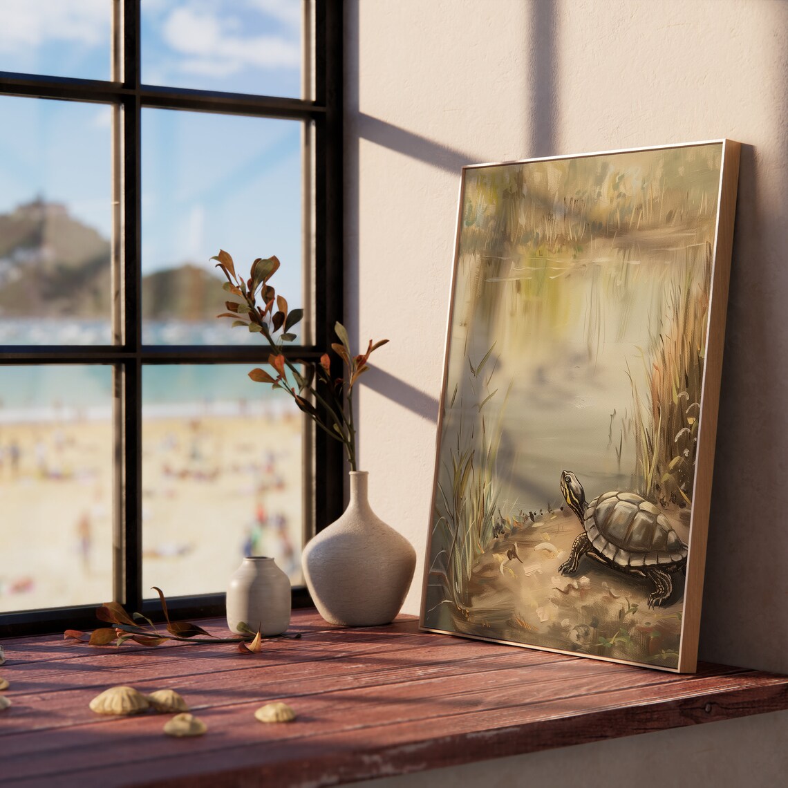 Morning Turtle By The Lake Basking Wildlife Painting Wall Art - Image 5