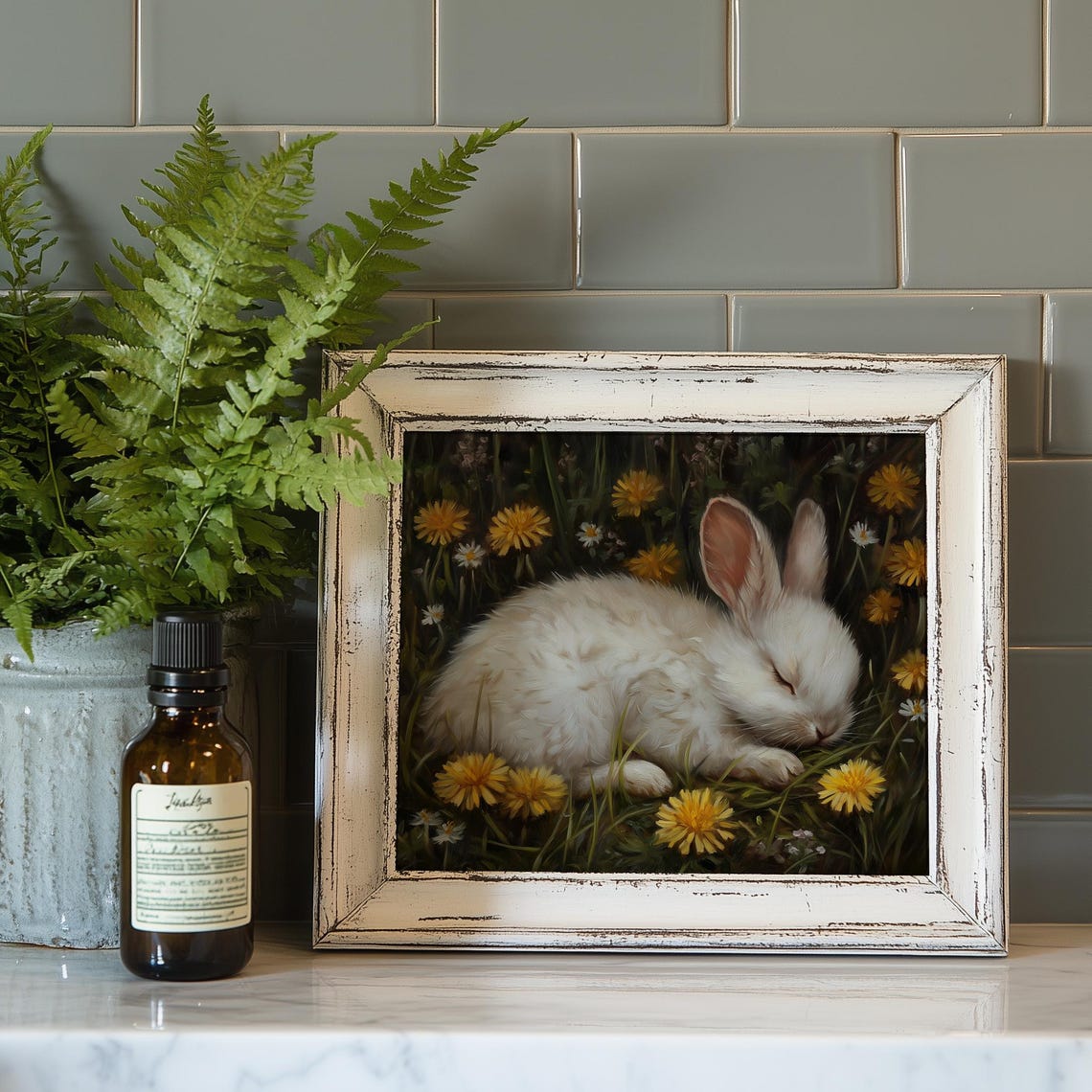 Sleeping White Bunny in Dandelion Meadow Dreamy Spring Art Poster - Image 4