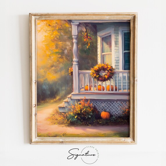 Charming Cottage Porch Decorated with Pumpkins and a Fall Wreath Poster