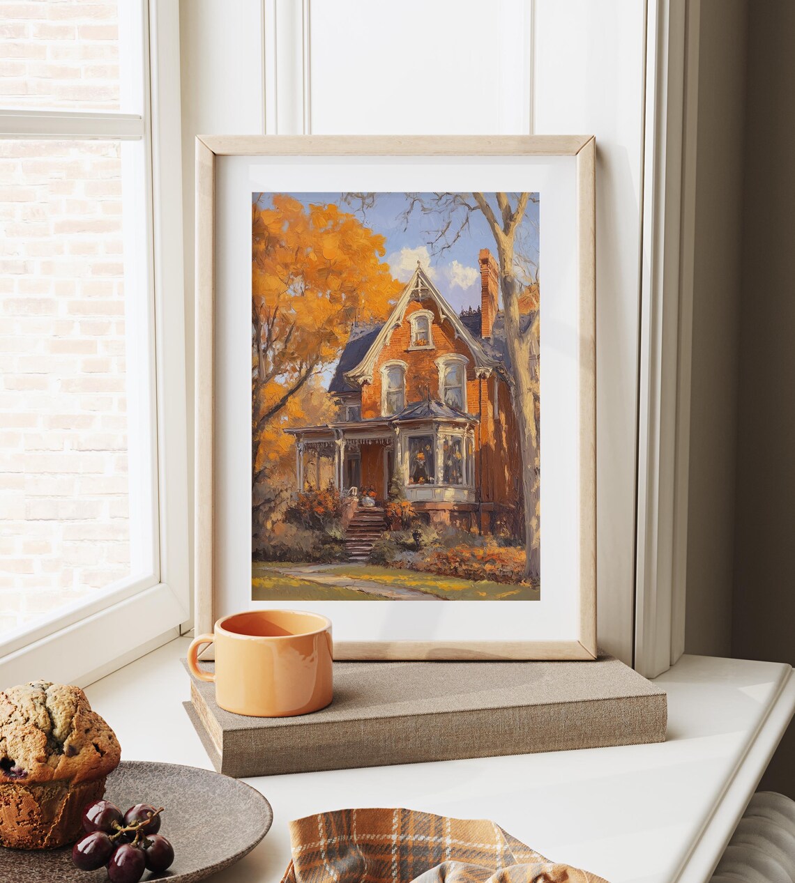 Victorian Brick House With a Grand Porch Framed by Orange Maples Poster - Image 6