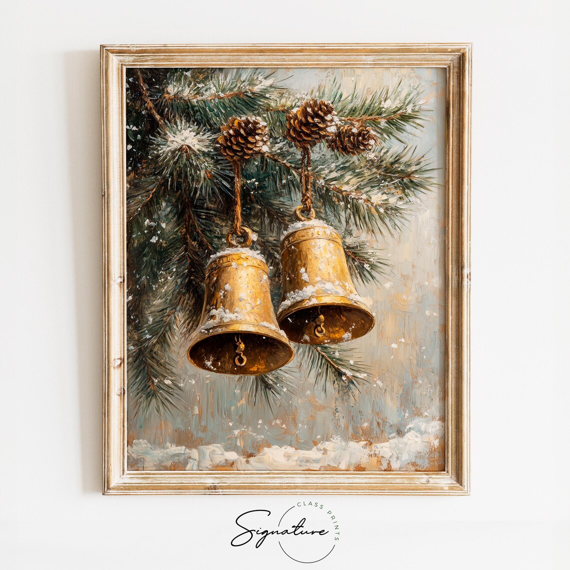 Pair of Golden Christmas Bells on a Snowy Evergreen Branch Poster