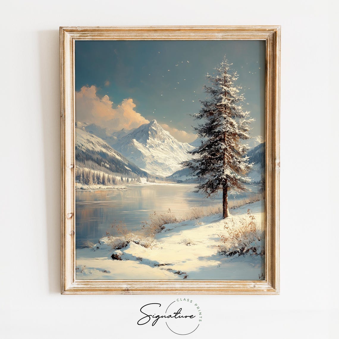 Snowy Mountain Lake With Lone Pine Tree And Peaks Winter Wall Art
