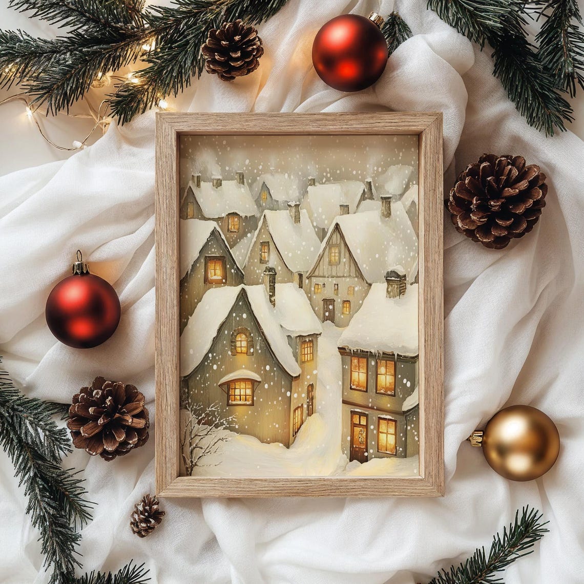 Cozy Snowy Cottages with Glowing Windows in Soft Snowfall Poster - Image 4