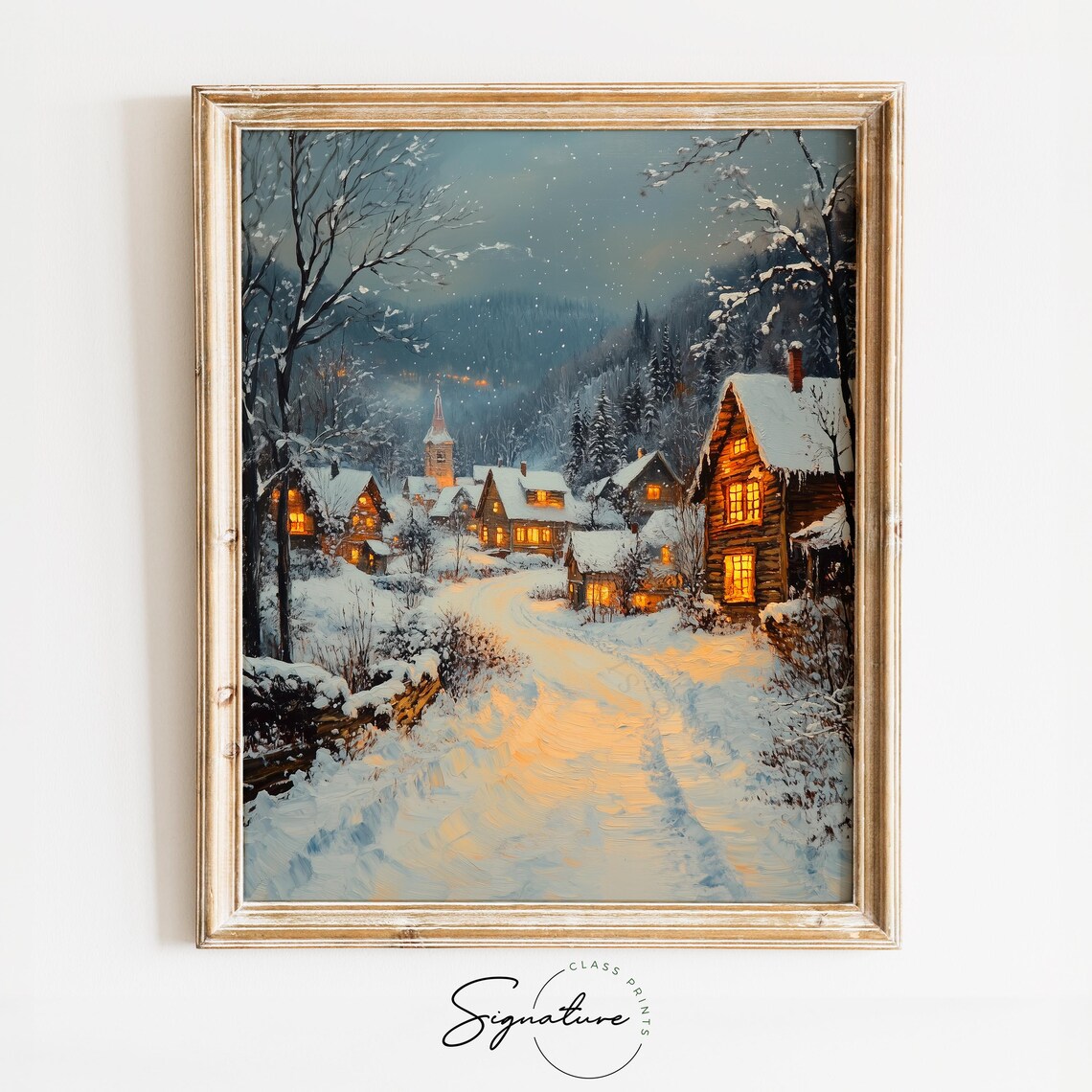 Winter Village Street With Falling Snow Art Print