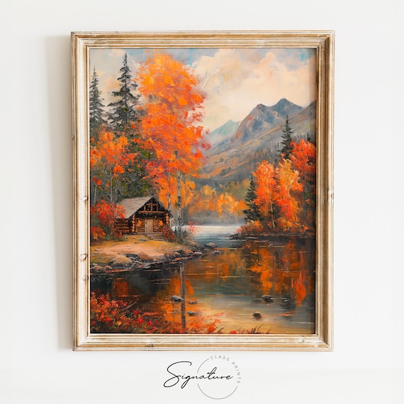 Lakeside Mountain Cabin Ringed By Orange Autumn Trees Art Poster